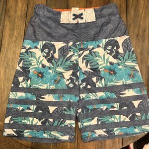 Boys Blue/White Swim Trunks w/ Back Pocket Size L 12/14 Elastic Drawstring Waist